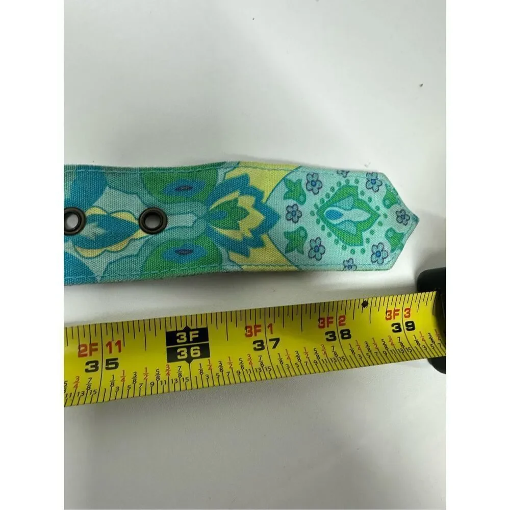 FABRIC Belt w/Floral Pin Buckle Rhinestone Trim Sz 36”Middle Hole GREEN BLUE